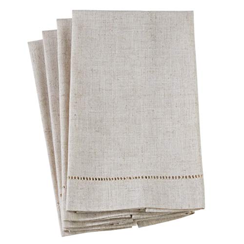 Fennco Styles Hemstitch Design Linen-Poly Guest Towels 14x22 Inch, Set of 4 – Natural Modern Hand Towels for Bathroom Decor, Bar Accessories, Wedding Gifts