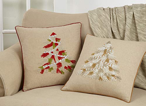 Fennco Styles Beaded Christmas Tree 100% Cotton Decorative Throw Pillow Cover 18 x 18 Inch - Beads Pillow Case for Holiday Décor, Couch, Living Room and Bedroom Décor