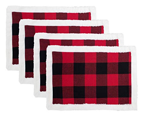 Fennco Styles Holiday Buffalo Plaid Red and Black with White Faux Fur Border Design Table Runner 16" W x 72" L