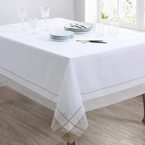 Fennco Styles Neutral Banded Border Design Tablecloth - Decorative Table Cover for Everyday Use, Dining Table Décor, Banquets, Family Gatherings and Special Occasions