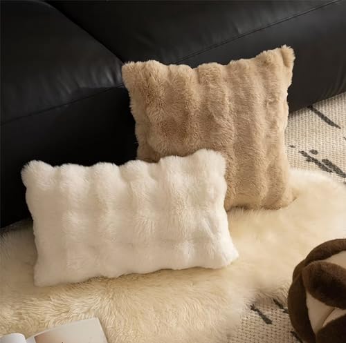 Fennco Styles Luxury Faux Fur Decorative Filled Throw Pillow 18" W x 18" L – Ivory Plush Fluffy Cushion for Couch, Bedroom, Living Room and Office Décor