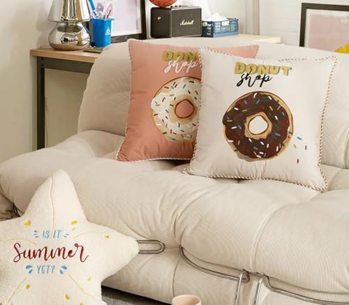 Fennco Styles Cute Embroidered Donut Design Filled Throw Pillow 18" W x 18" L - White Novelty Cushion for Home, Couch, Sofa, Bedroom, Kids Room, Playroom and Office Décor