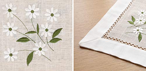 Fennco Styles Farmhouse Embroidered Daisy Hemstitched Tablecloth - Natural 55 x 55 Inch Table Cover for Banquets, Holiday, Special Events and Home Décor