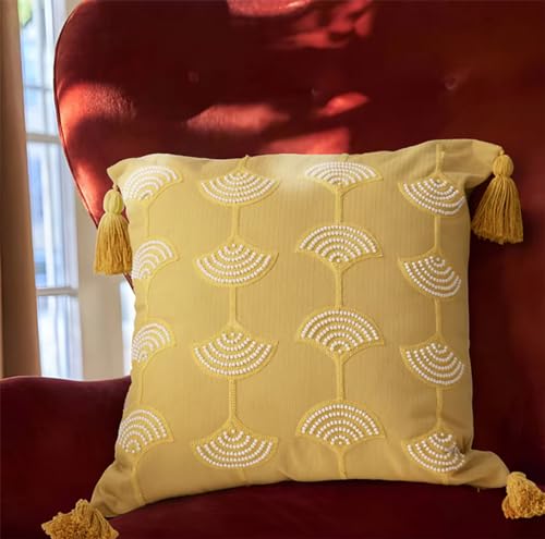 Fennco Styles Hand Beaded Embroidery Ginkgo Leaf Throw Pillow with Tassel 18" W x 18" L - Green Leaves Cotton Cushion for Home, Couch, Living Room, Bedroom and Office Décor