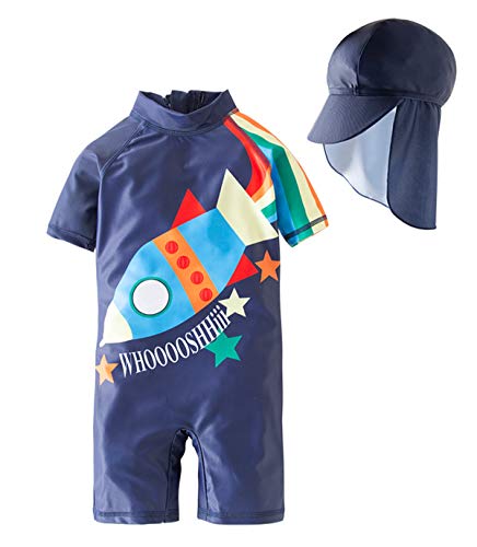 stylesilove Little Boys Rocket Rainbow One-Piece Rash Guard Swimsuit & Sun Hat 2pcs Set Navy Bathing Suit Beach Swimwear