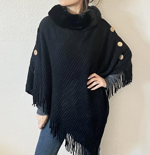 stylesilove Women Solid Knitted Faux Fur Collar Poncho with Fringe Pullover Cardigan Soft Wrap for Fall Winter Seasons