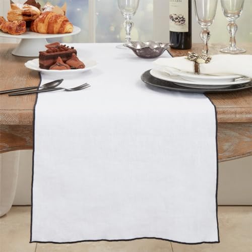 Fennco Styles Stonewashed Stitch Border Table Runner 16" W x 72" L - 100% Linen Solid Color Table Cover for Home, Dining Table Décor, Holidays, Banquets, and Special Occasions
