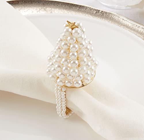 Fennco Styles Hand Beaded Faux Pearl Napkin Rings, Set of 4 - Elegant Pearl Collection Napkin Holders for Home Décor, Dining Room, Wedding, Banquets and Special Occasions