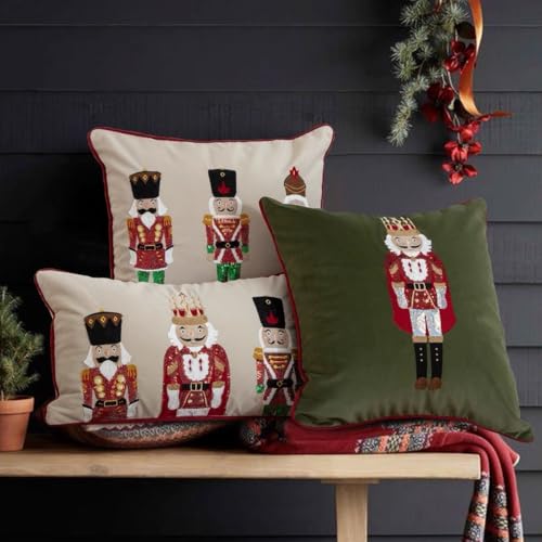 Fennco Styles Embroidered Sequin Nutcracker Velvet Filled Throw Pillow 18" W x 18" L - Green Festive Cushion for Home, Christmas, Winter Holidays Décor, and Special Occasions