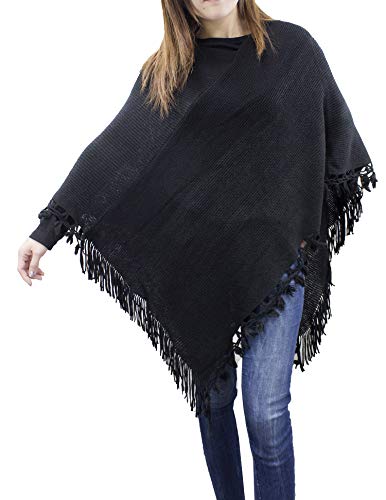 stylesilove Women Color Block Fringe Tassel Poncho Sweater Pullover Cardigan Wrap Topper for Warm Seasons