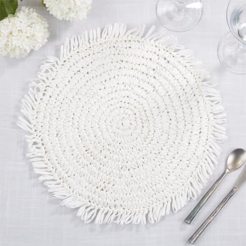 Fennco Styles Raffia Fringe Placemat 14" Round, Set of 4 - Black Woven Rustic Table Mat for Home, Dining Room, Banquets, Boho Decor, Family Gathering and Special Occasion