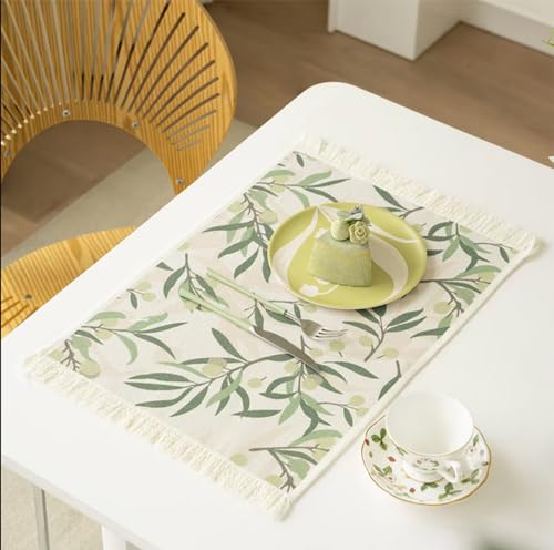 Fennco Styles Berries & Leaves Printed with Fringe Placemats 14" W x 19" L, Set of 4 - Botanical Design Table Mats for Dining Room, Banquets, Family Gatherings, and Holidays