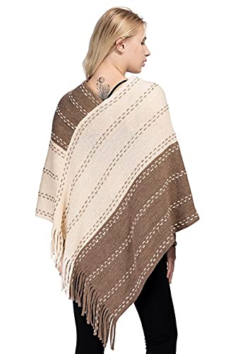 stylesilove Women Two-Tone Asymmetrical Fringe Knitted Pullover Poncho Sweater Cozy Wrap Shawl for Winter and Fall