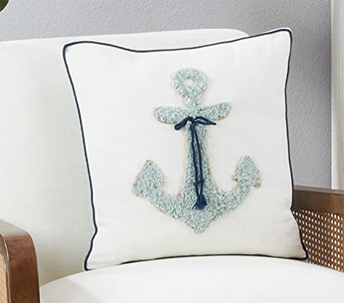 Fennco Styles Nautical Anchor Appliqué Cotton Decorative Throw Pillow 18" W x 18" L – Blue Textured Cushion for Couch, Sofa, Bedroom, Office and Living Room Décor