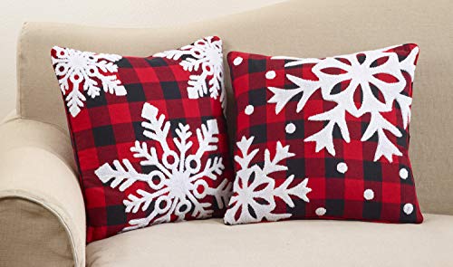 Fennco Styles Buffalo Plaid Snowflake Decorative Throw Pillow with Down Filled Insert 18 x 18 Inch - Red Check Cotton Pillow for Home, Couch, Living Room, Christmas and Holiday Season