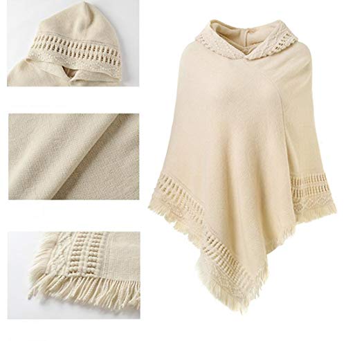 stylesilove Women Solid Knitted Hooded Poncho Crochet Pattern with Fringe Pullover Cardigan Soft Wrap for Fall Winter Seasons