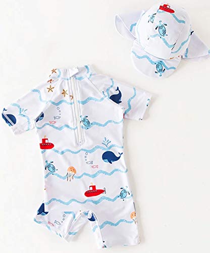 Styles I Love Little Boys Sea Animals Print One-Piece Rash Guard Swimsuit with Sun Hat 2pcs Set Bathing Suit Beach Swimwear