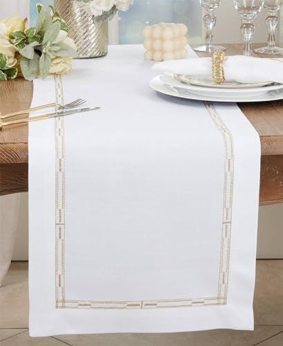 Fennco Styles Gold Embroidered Border Tablecloth 65" W x 90" L - Metallic Design Table Cover for Home Décor, Everyday Use, Christmas, Banquets and Special Events
