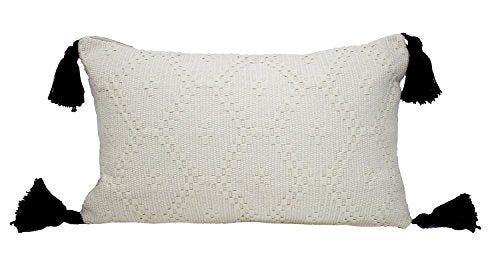 Fennco Styles Ivory Boho Tribal Textured Tassels Throw Pillow Cover 12" W X 20" L - Woven Diamond Accent Pillow Case for Home, Couch, Bedroom, and Office Decor