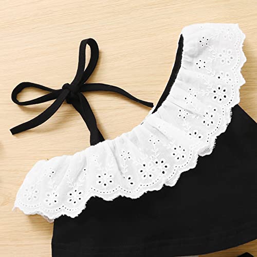 stylesilove Infant Baby Girls Black Asymmetric Ruffled Eyelet Crop Top and Shorts, Bow Headband 3pcs Cotton Summer Outfit