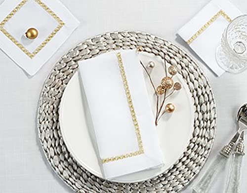 Fennco Styles Embroidered Metallic Border Cocktail Napkins 10" W x 10" L, Set of 4 - Cloth Coasters for Home Décor, Dining Table, Wedding Party and Special Occasion
