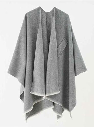 stylesilove Women Elegant Solid Color Fringe Poncho Open Front Shawl Cape Ultra Warm Wrap for Autumn Winter Season