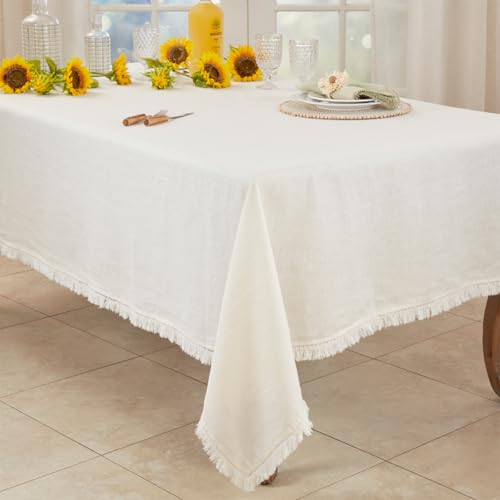 Fennco Styles Stonewashed Fringe Design 100% Linen Tablecloth - Ivory Table Cover for Holidays, Dining Table, Everyday Use, Banquets and Special Occasion