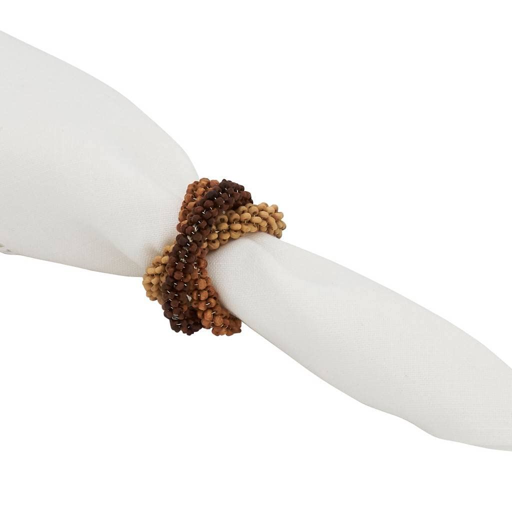Fennco Styles Handmade Beaded Interlock Design Napkin Rings, Set of 4 - Natural Wooden Beads Napkin Holders for Home Décor, Family Dinner, Banquets and Special Events