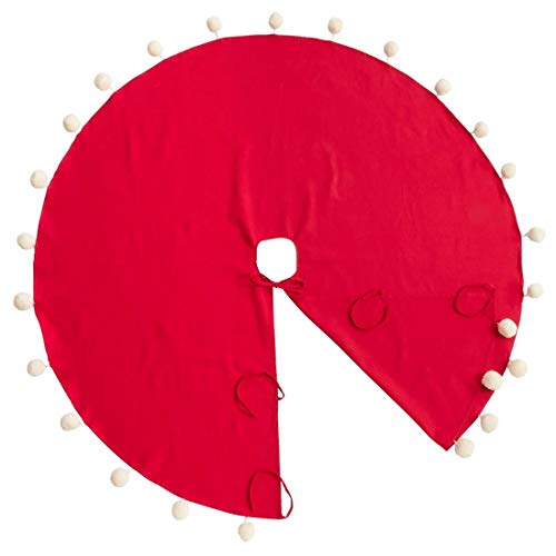 Fennco Styles Holiday Pom Pom Trim Christmas Tree Skirt - Red Cotton Tree Skirt for Home, Holiday Tree, Indoor Outdoor and Special Occasion