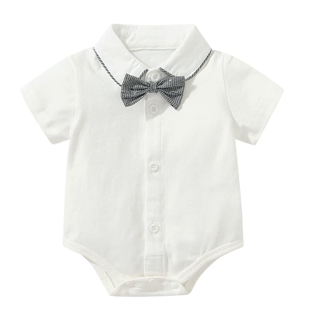 stylesilove Baby Boys Short Sleeve Collared Bodysuit and Suspender Shorts, Bowtie 3pcs Gentleman Set Cotton Overalls Outfit