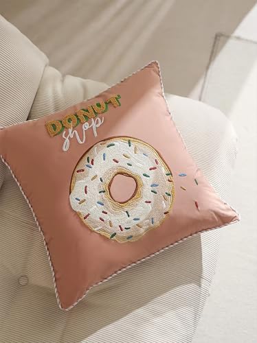 Fennco Styles Cute Embroidered Donut Design Throw Pillow Cover 18" W x 18" L - White Novelty Cushion Case for Home, Couch, Sofa, Bedroom, Kids Room, Playroom and Office Décor