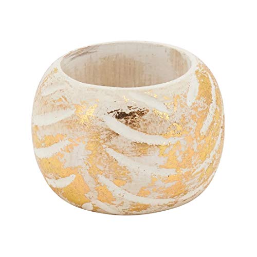 Fennco Styles Distressed Foil Print Design Wood Napkin Rings, Set of 4 - Silver Decorative Napkin Holders for Home, Dining Room, Banquet, Family Gathering, Holiday and Special Occasion