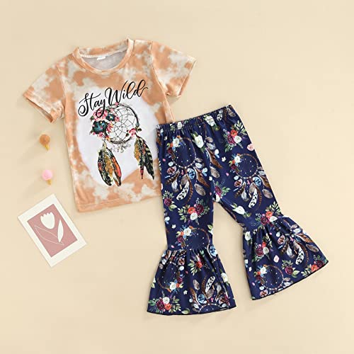 stylesilove Toddler Kid Girls Stay Wild Tie-Dye Short Sleeve Top & Floral Flare Pants 2pcs Multicolored Dream Catcher Outfit