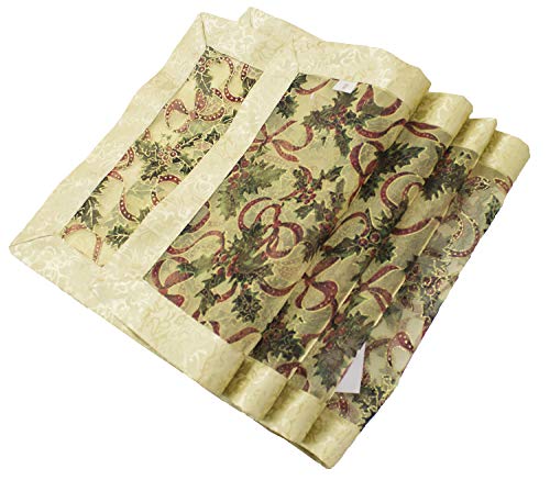 Fennco Styles Holly Ribbon Holiday Christmas Sheer Tablecloth - Gold Satin Border and Tassels Table Cover for Family Dinner, Banquets, Special Events and Home Decor