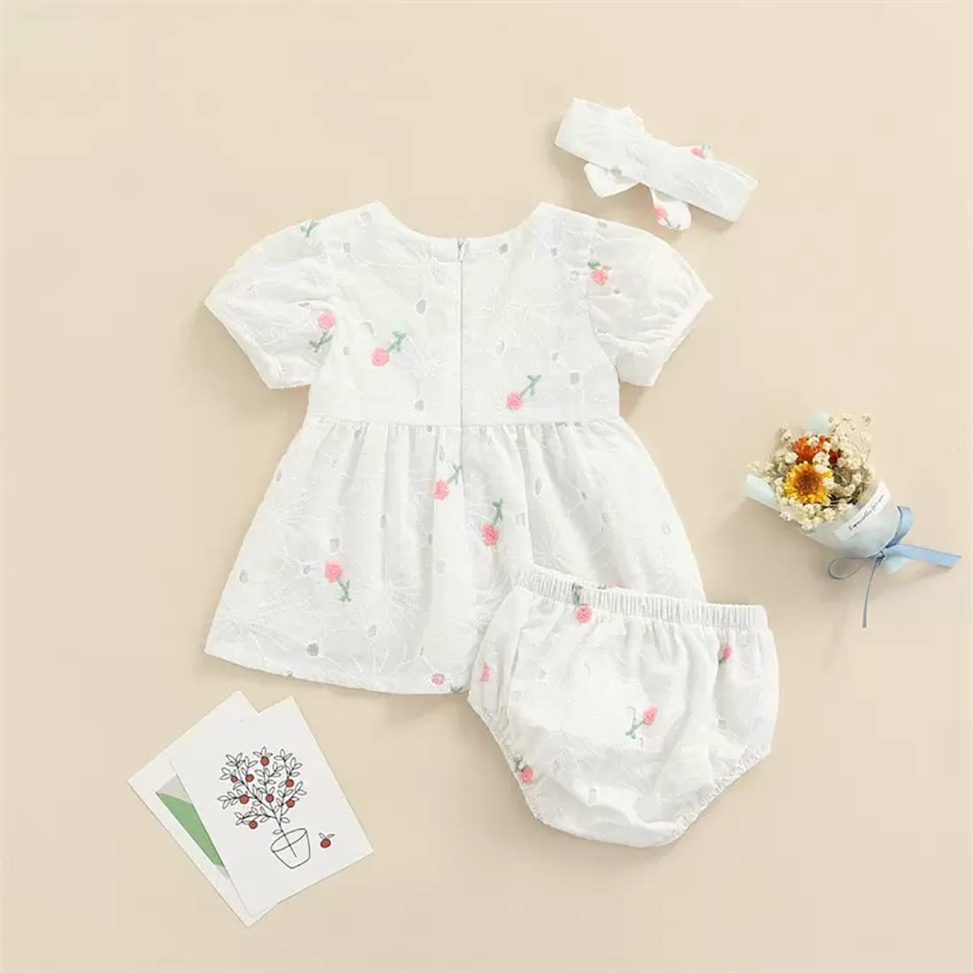stylesilove Infant Baby Girls Eyelet Flower Embroidered Dress, Bloomers, Headband 3pcs Outfit White Short Sleeve Cotton Dress