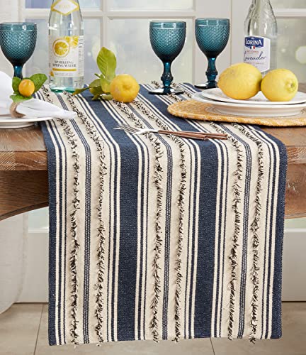 Fennco Styles Fringe Striped Modern Cotton Table Runner 16”W x 72" L - Navy Blue Woven Table Cover for Home Décor, Dining Table, Banquets, Holidays and Special Occasions
