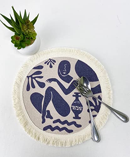 Fennco Styles Art Design Abstract Print Fringe Cotton Placemat 13" Round, Set of 4 - Woven Table Mats for Home Décor, Dining Table, Banquets and Special Events