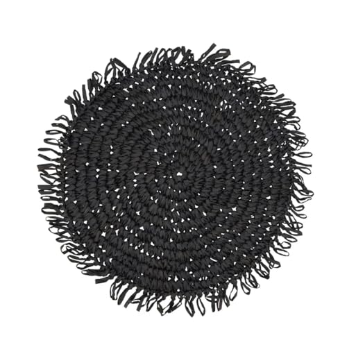 Fennco Styles Raffia Fringe Placemat 14" Round, Set of 4 - Black Woven Rustic Table Mat for Home, Dining Room, Banquets, Boho Decor, Family Gathering and Special Occasion