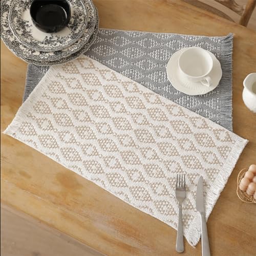 Fennco Styles Modern Diamond Woven Placemats 12" W x 19" L, Set of 4 - Grey Geometric Fringe Table Mats for Dining Room, Banquets, Family Gatherings, and Holidays