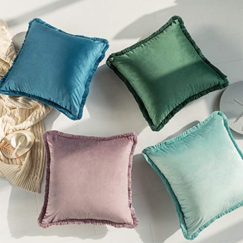 Fennco Styles Contemporary Velvet Fringed Solid Decorative Throw Pillow 17" W x 17" L - Navy Blue Cushion for Home, Couch, Bedroom and Office Décor
