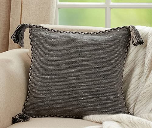 Fennco Styles Braided Broder Tassel Cotton Decorative Throw Pillow 18" W x 18" L - Woven Square Cushion for Home, Couch, Living Room, Bedroom, Office and Holiday Décor