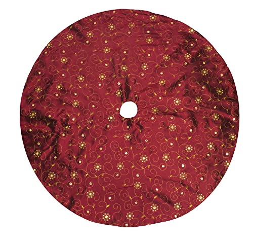 Fennco Styles Embroidered and Sequined Christmas Tree Skirt 54" X 54" Round - Burgundy Holiday Tree Skirt for Home, Holiday Tree, Indoor & Outdoor, and Special Occasion