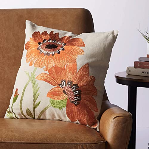 Fennco Styles Le Tournesol Embroidered Sunflower Decorative Throw Pillow, Filler Included, 18-Inch Square - Red Flower Cotton Linen Pillow for Home, Couch, Living Room and Bedroom Décor