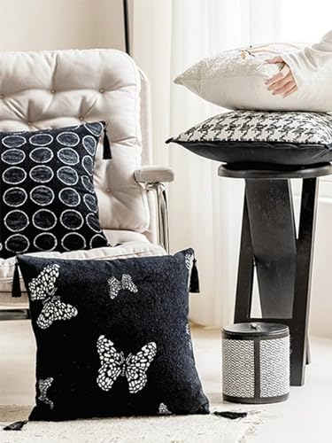 Fennco Styles Jacquard Butterfly Tassel Decorative Filled Throw Pillow 18" W X 18" L – Black Woven Square Cushion for Couch, Sofa, Bedroom, Office and Living Room Décor