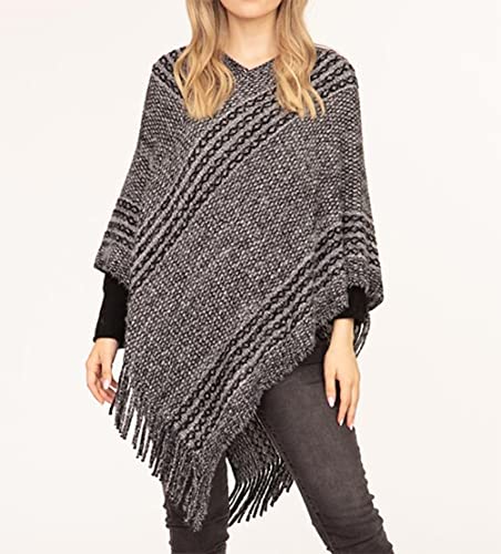 stylesilove Autumn Winter Women Stripe Knitted V-Neck Fringe Poncho Pullover Sweater Lightweight Cape Cozy Wrap Tassel Shawl