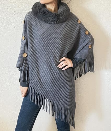 stylesilove Women Solid Knitted Faux Fur Collar Poncho with Fringe Pullover Cardigan Soft Wrap for Fall Winter Seasons