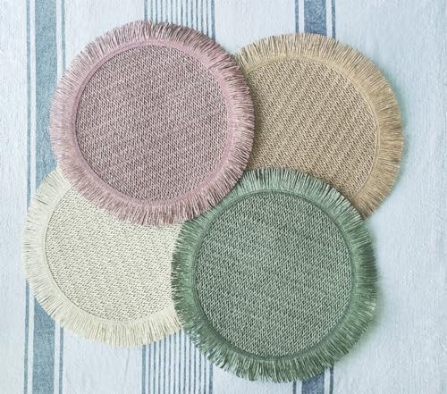 Fennco Styles Woven Round Fringe Solid Color Placemats 14" Round, Set of 4