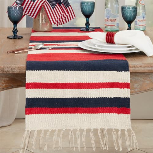 Fennco Styles Stripe Americana with Fringe 100% Cotton Table Runner 16" W x 72" L - Multicolored American Flag Inspired Table Cover for Home Décor, Dinner Parties, National Holidays