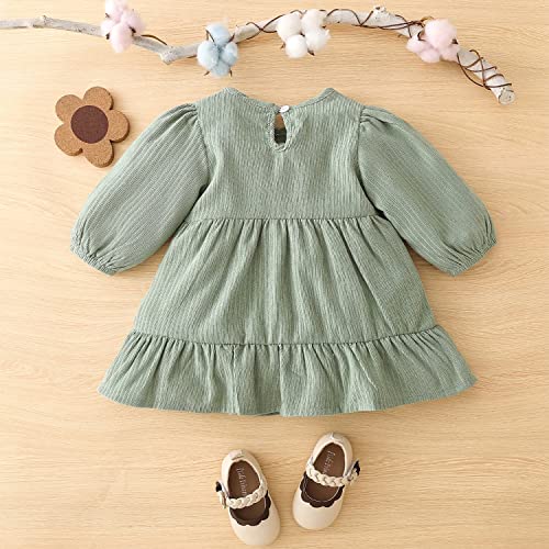 stylesilove Baby Toddler Girls Solid Ruffle Hem Long Puff Sleeve Corduroy Dress Princess Casual Spring Fall Outfit