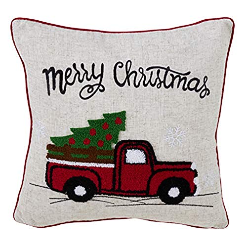Fennco Styles Holiday Vintage Red Truck Decorative Down-Filled Throw Pillow 16-Inch Square - Multicolored Cushion for Home, Couch, Living Room, Office and Christmas Decor